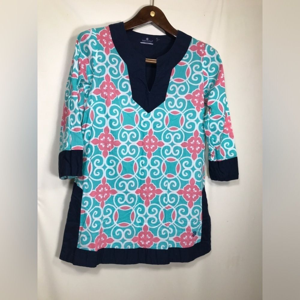 Simply Southern Collection Cotton Tunic Sz Medium Teal Pink Navy Swirl Slit Side